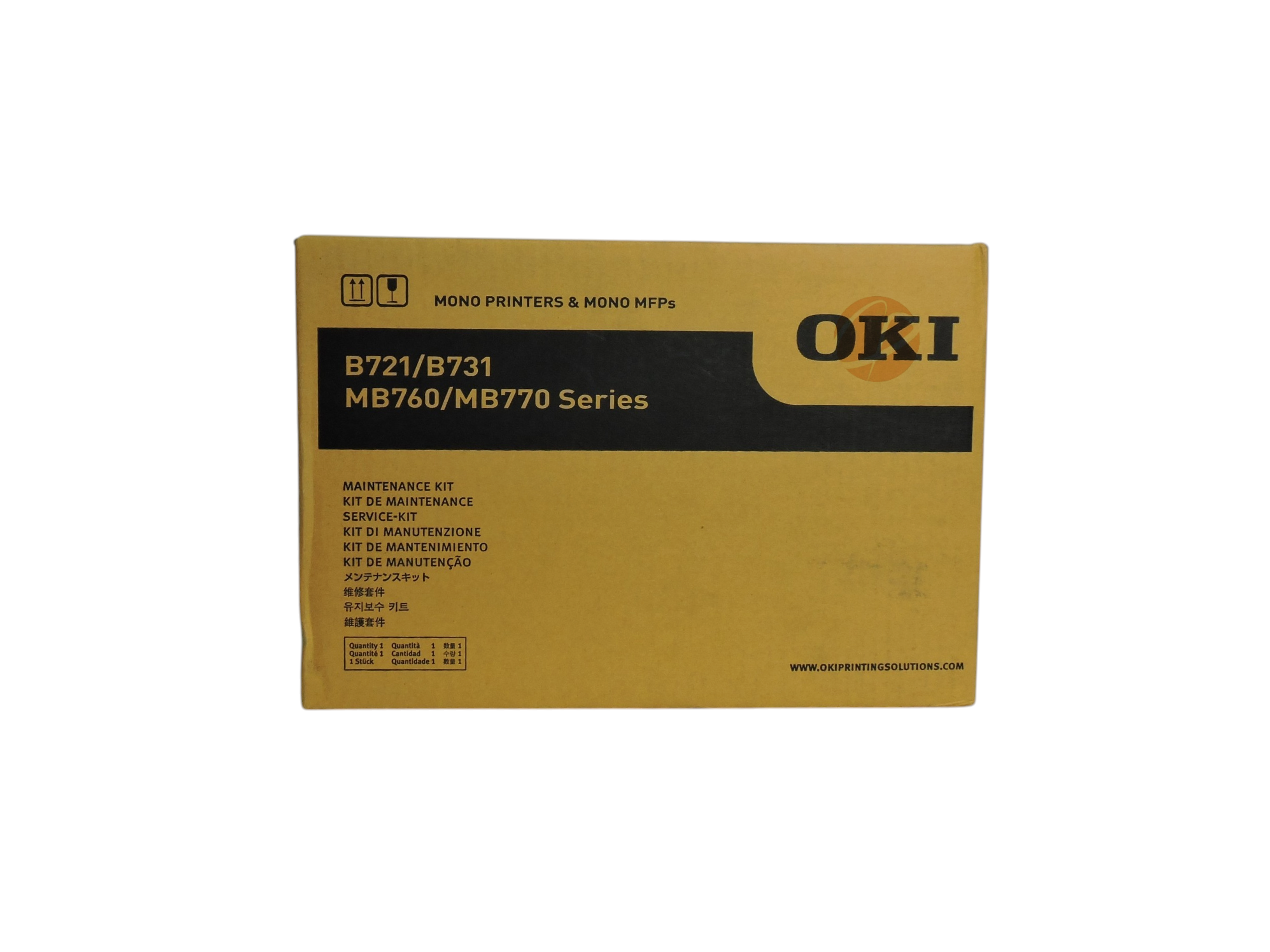 Caja de cartón amarilla del kit de mantenimiento de fusor original OKI de Compras Perfectas para impresoras láser